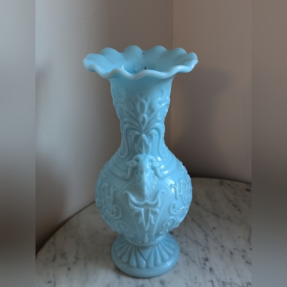 Vintage Portieux Vallerysthal Blue Opaline Milk Glass Goat Head Vase